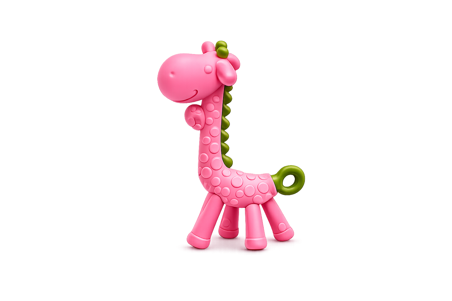 Mordedor infantil em silicone macio com o formato de uma girafa rosa com crista e cauda verdes texturadas, isolado sobre um fundo branco.