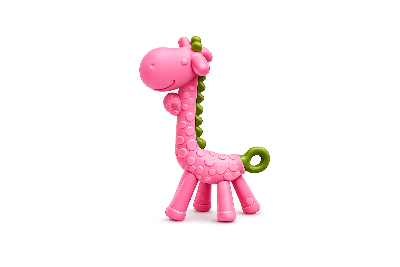 Mordedor infantil em silicone macio com o formato de uma girafa rosa com crista e cauda verdes texturadas, isolado sobre um fundo branco.