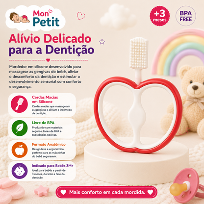 Infografia do mordedor Mon Petit com o título Alívio Delicado para a Dentição, destacando o formato anatómico livre de BPA para bebés com mais de 3 meses.
