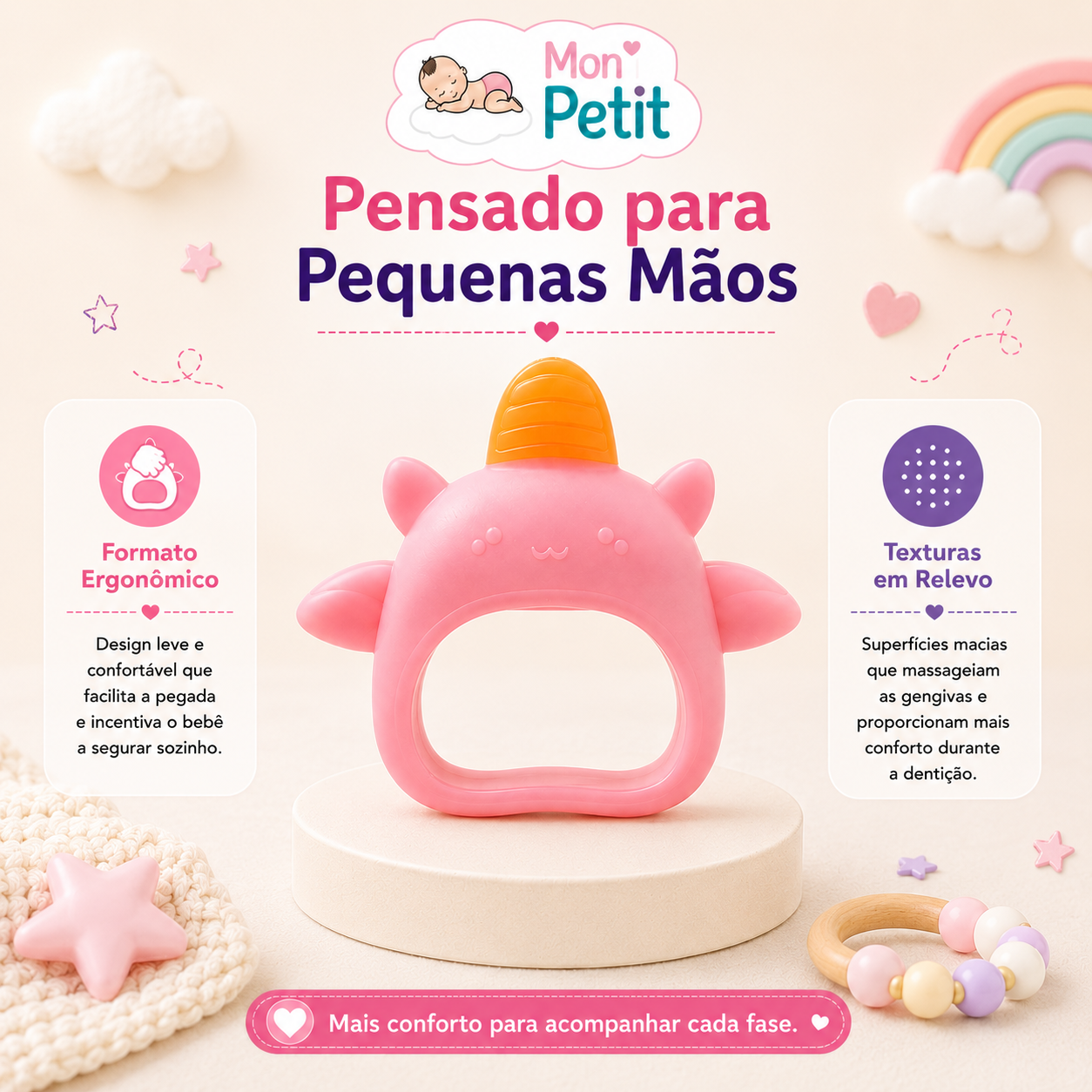 Apresentação do brinquedo de dentição com o título Pensado para Pequenas Mãos, evidenciando o formato leve que incentiva o bebé a segurar o objeto sozinho.