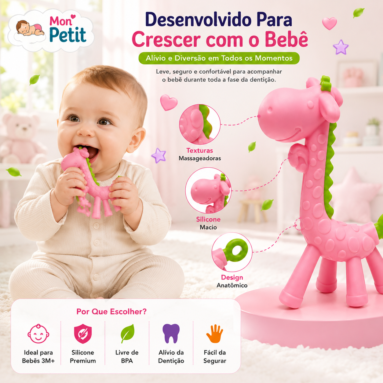 Apresentação do produto com um bebé em segundo plano, destacando os motivos para escolher o mordedor: silicone premium, alívio da dentição e design fácil de segurar.