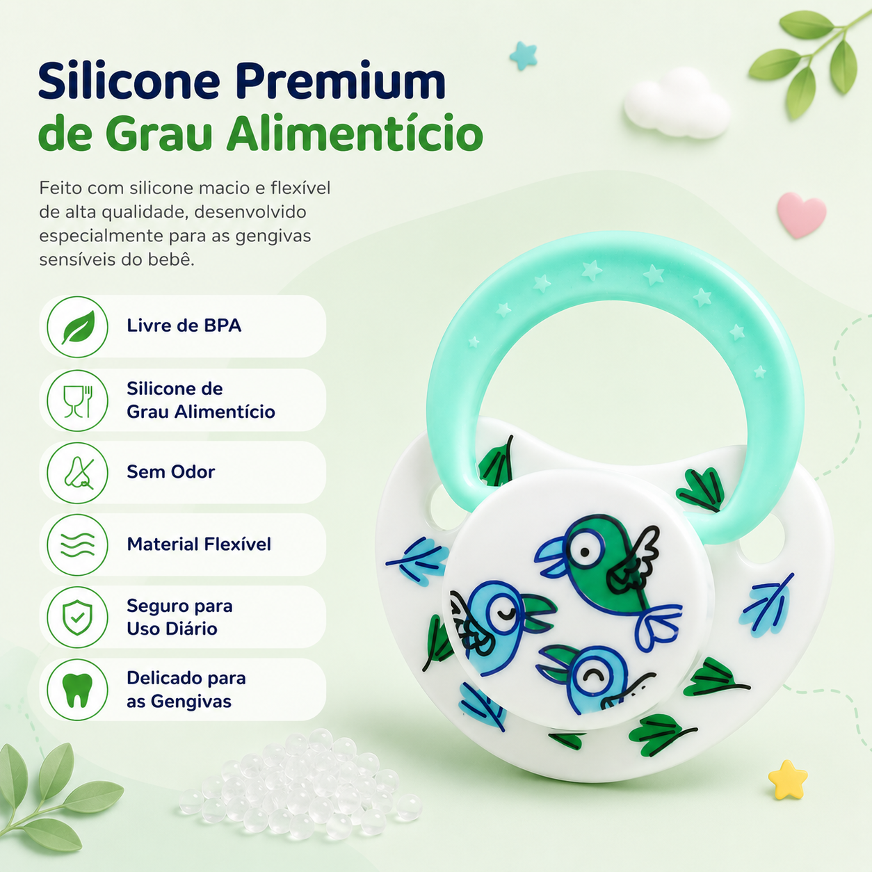 Infográfico do mordedor Mon Petit detalhando as propriedades do silicone premium: livre de BPA, sem odor, material flexível, seguro para uso diário e delicado para as gengivas.