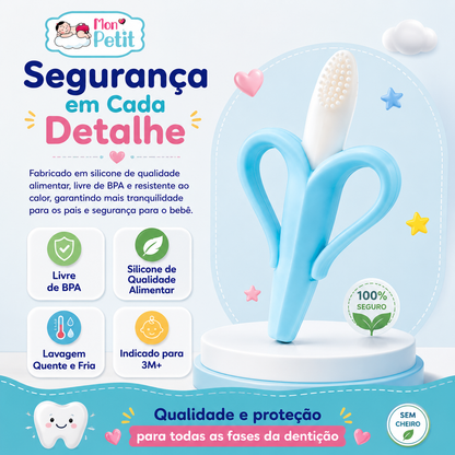 Características de segurança do mordedor de bebé em silicone alimentar livre de BPA.