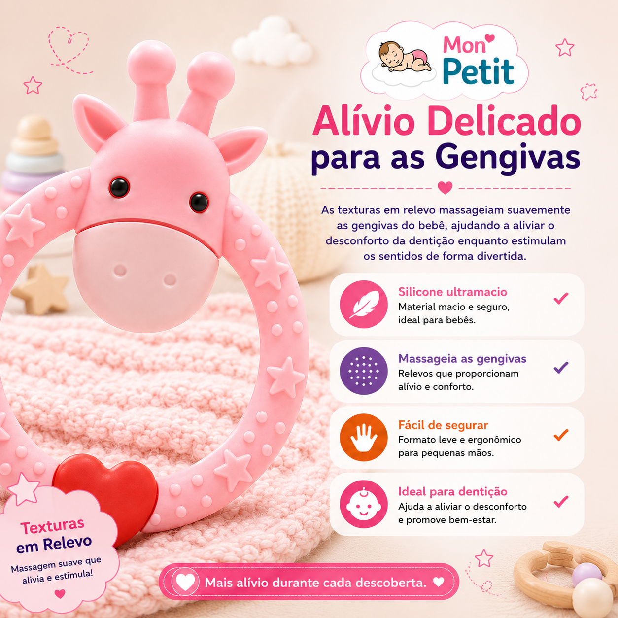 Painel descritivo sobre o alívio delicado para as gengivas do bebé, realçando o formato leve e ergonómico do anel mordedor com estrelas em relevo.