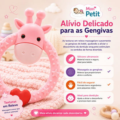 Painel descritivo sobre o alívio delicado para as gengivas do bebé, realçando o formato leve e ergonómico do anel mordedor com estrelas em relevo.