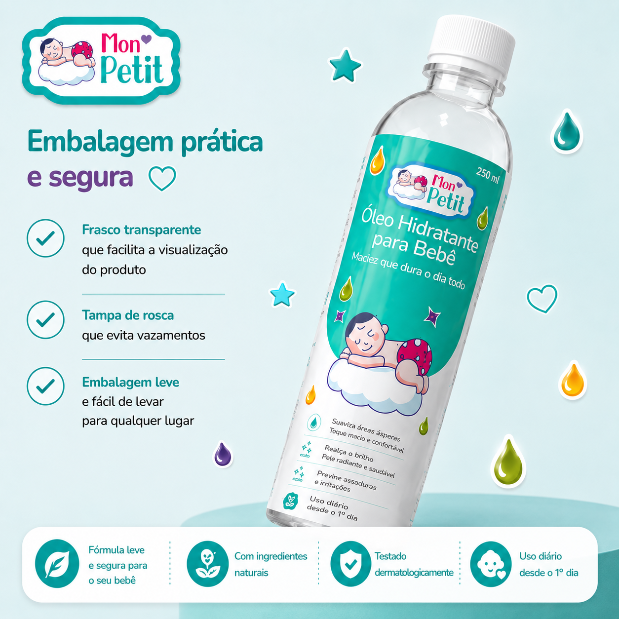 Frasco transparente do óleo Mon Petit em ângulo, exibindo os vistos de conformidade para a tampa de rosca segura e embalagem leve.