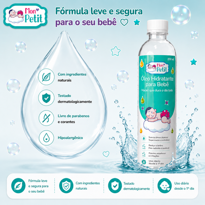 Grande gota de água e frasco do óleo Mon Petit, destacando as propriedades de fórmula leve, ingredientes naturais, hipoalergénica e livre de parabenos.