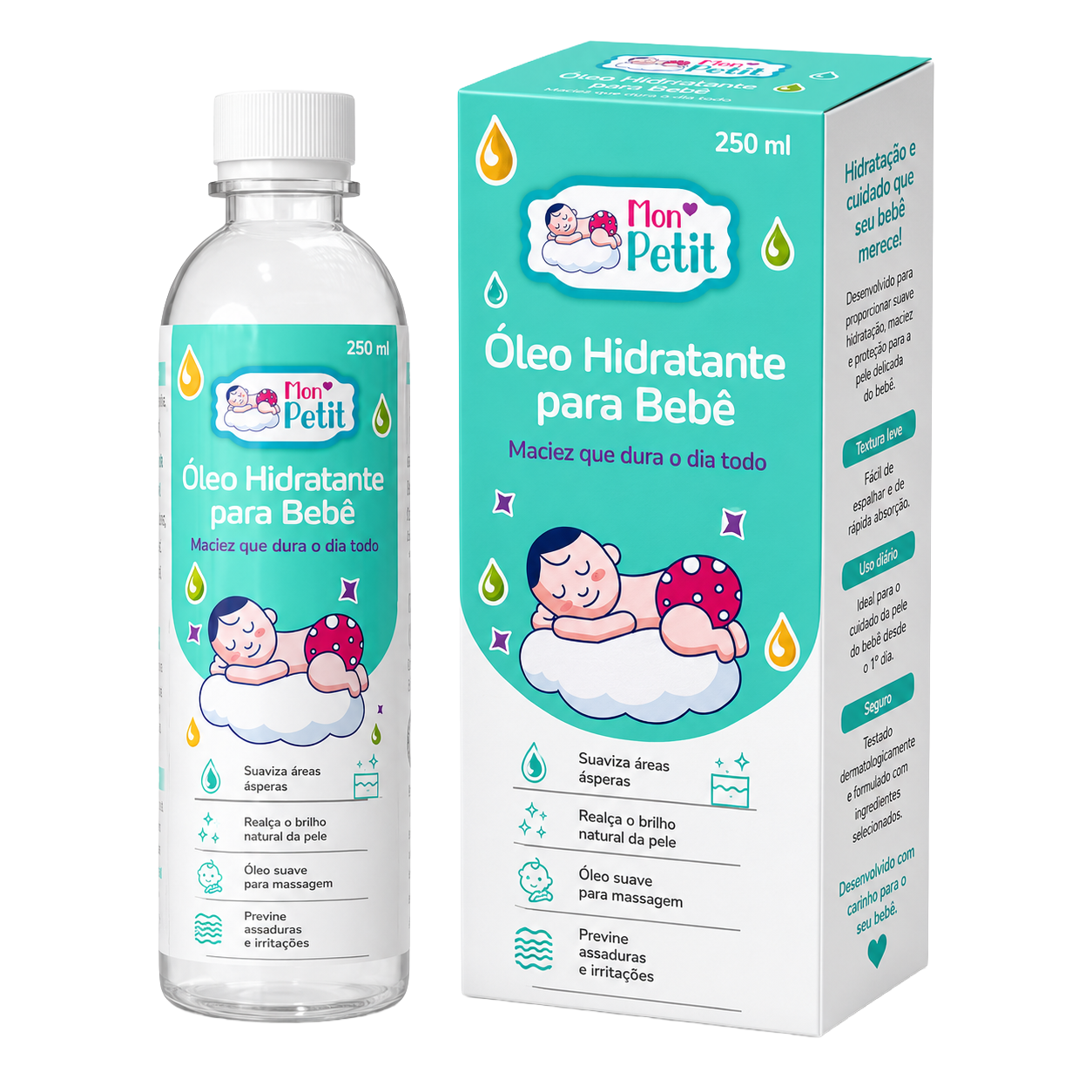 Frasco transparente e caixa do Mon Petit Óleo Hidratante para Bebé de 250ml, destacando a textura leve e a promessa de maciez sobre um fundo preto.