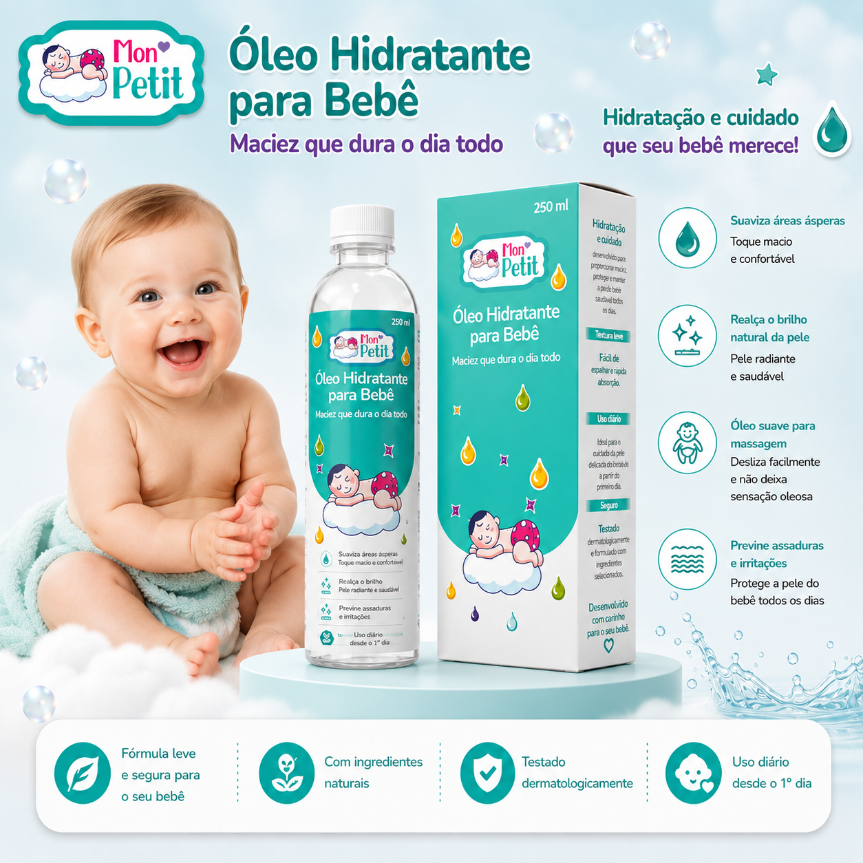 Frasco e caixa do óleo para bebé Mon Petit ao lado de um bebé sorridente, realçando os benefícios de suavizar áreas ásperas e prevenir assaduras.