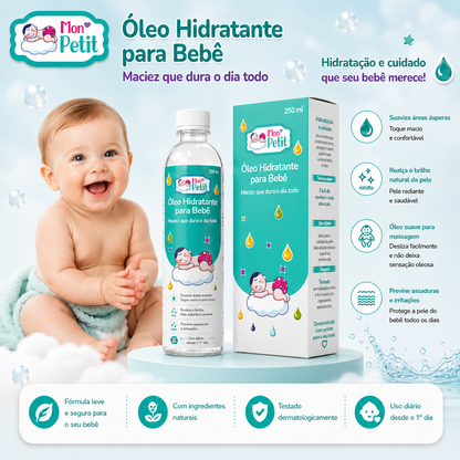 Frasco e caixa do óleo para bebé Mon Petit ao lado de um bebé sorridente, realçando os benefícios de suavizar áreas ásperas e prevenir assaduras.