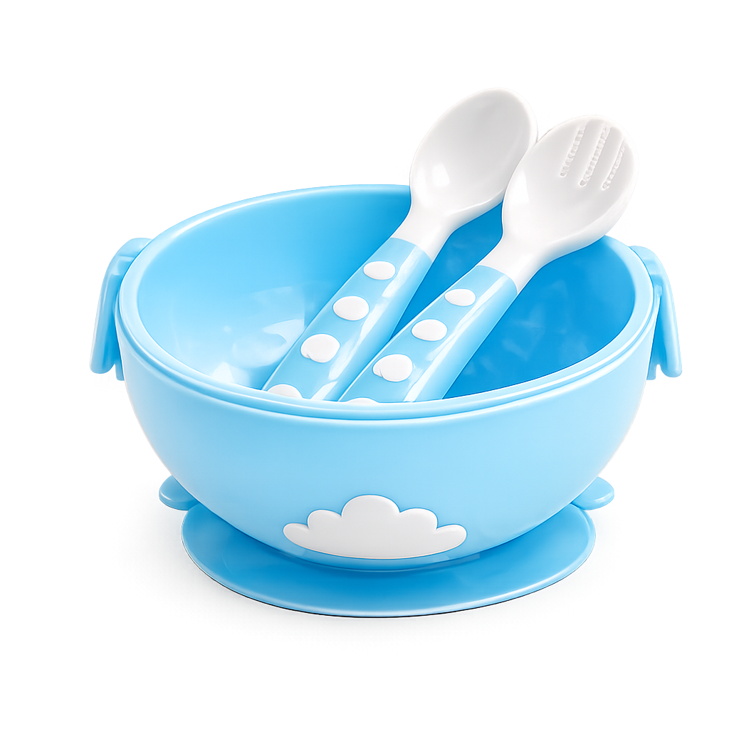 Tigela de alimentação infantil azul com ventosa na base e detalhe de nuvem branca, contendo uma colher e um garfo com cabos decorados com bolinhas brancas, isolada sobre fundo branco.