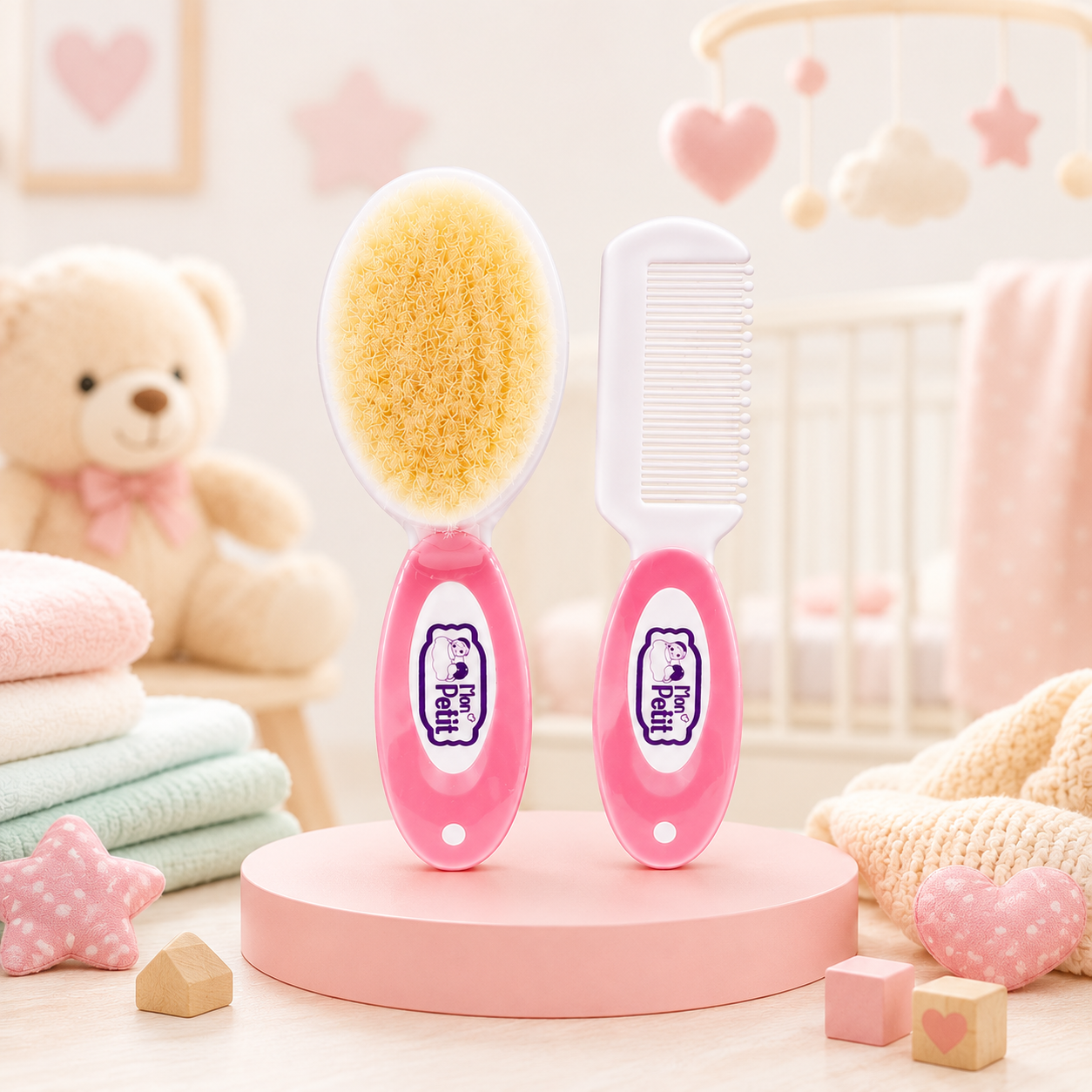 Conjunto rosa de pente e escova Mon Petit colocado na vertical sobre um pódio circular rosa num cenário decorativo de quarto de bebé com urso de peluche, toalhas e brinquedos de madeira.
