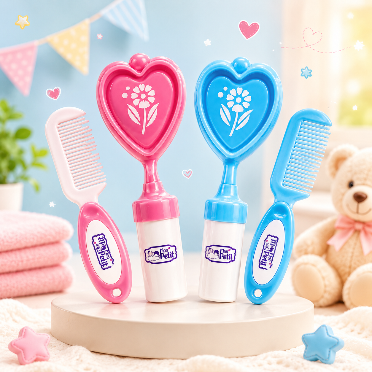 Os dois conjuntos de pente e escova Mon Petit em formato de coração, nas cores rosa e azul, expostos na vertical sobre um pódio redondo num cenário decorativo de quarto infantil com bandeirolas e peluche.