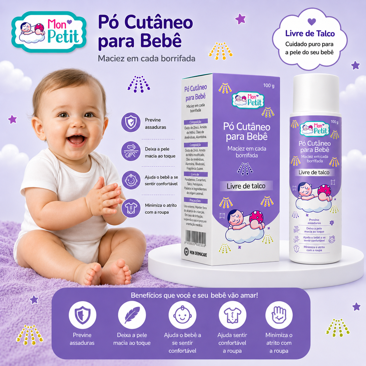 Embalagem e frasco do pó cutâneo Mon Petit ao lado de um bebé sorridente sentado, realçando que é um cuidado puro e livre de talco.