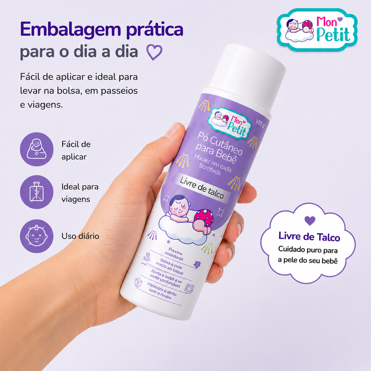 Mão a segurar o frasco do pó cutâneo Mon Petit de 100g, destacando a embalagem prática e leve ideal para levar em passeios e viagens.