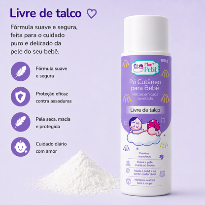 Frasco do pó cutâneo Mon Petit ao lado de uma porção do produto em pó, realçando a fórmula protetora e o cuidado diário com amor.