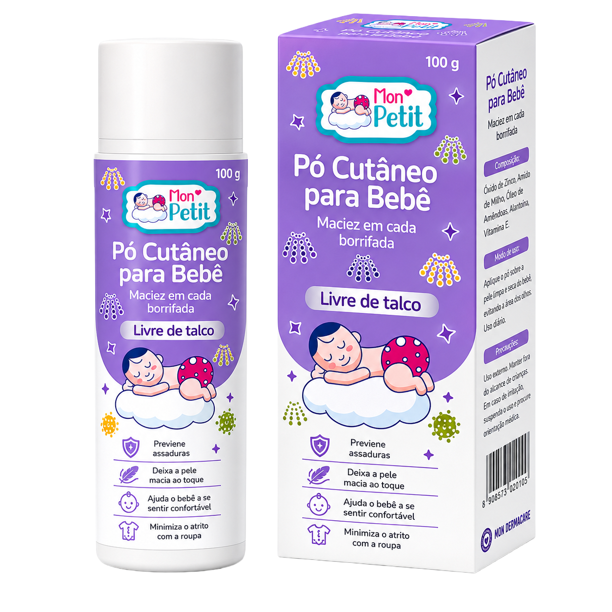 Frasco e caixa do Mon Petit Pó Cutâneo para Bebé de 100g, destacando a fórmula livre de talco e a prevenção de assaduras sobre um fundo preto.
