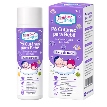 Frasco e caixa do Mon Petit Pó Cutâneo para Bebé de 100g, destacando a fórmula livre de talco e a prevenção de assaduras sobre um fundo preto.