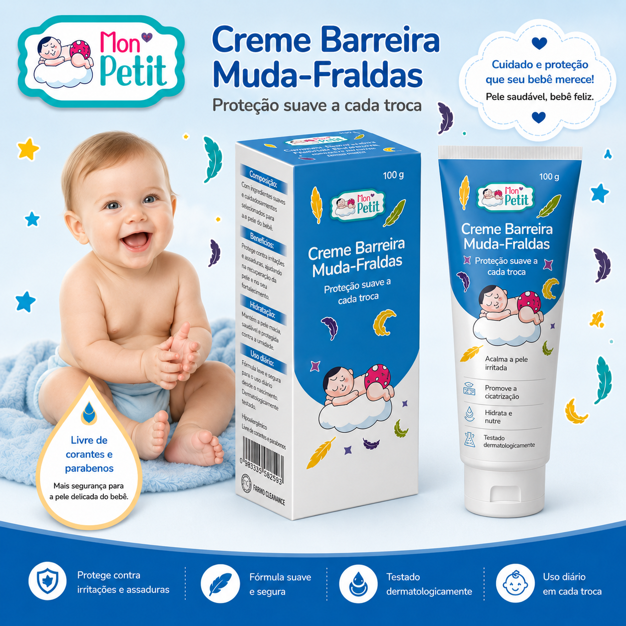 Tubo e caixa do creme muda-fraldas Mon Petit ao lado de um bebé sorridente sentado, realçando a fórmula livre de corantes e parabenos.