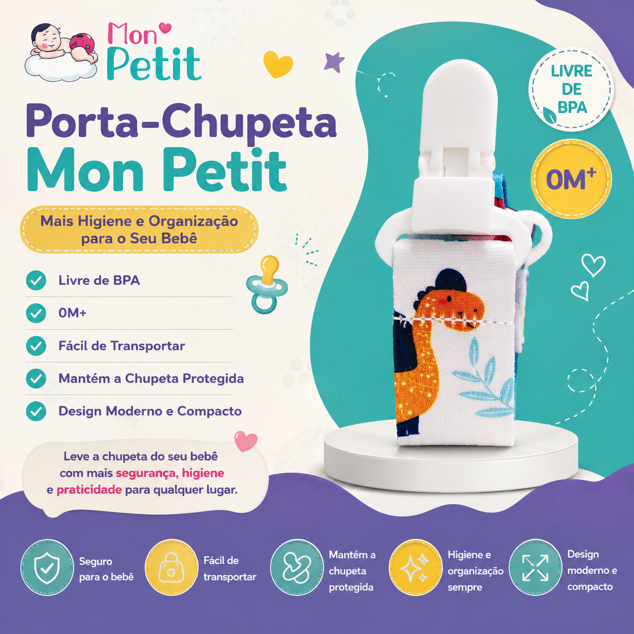 Infográfico publicitário do Porta-Chupeta Mon Petit posicionado sobre um pódio branco, destacando a fórmula livre de BPA, uso desde 0M+ e design compacto.