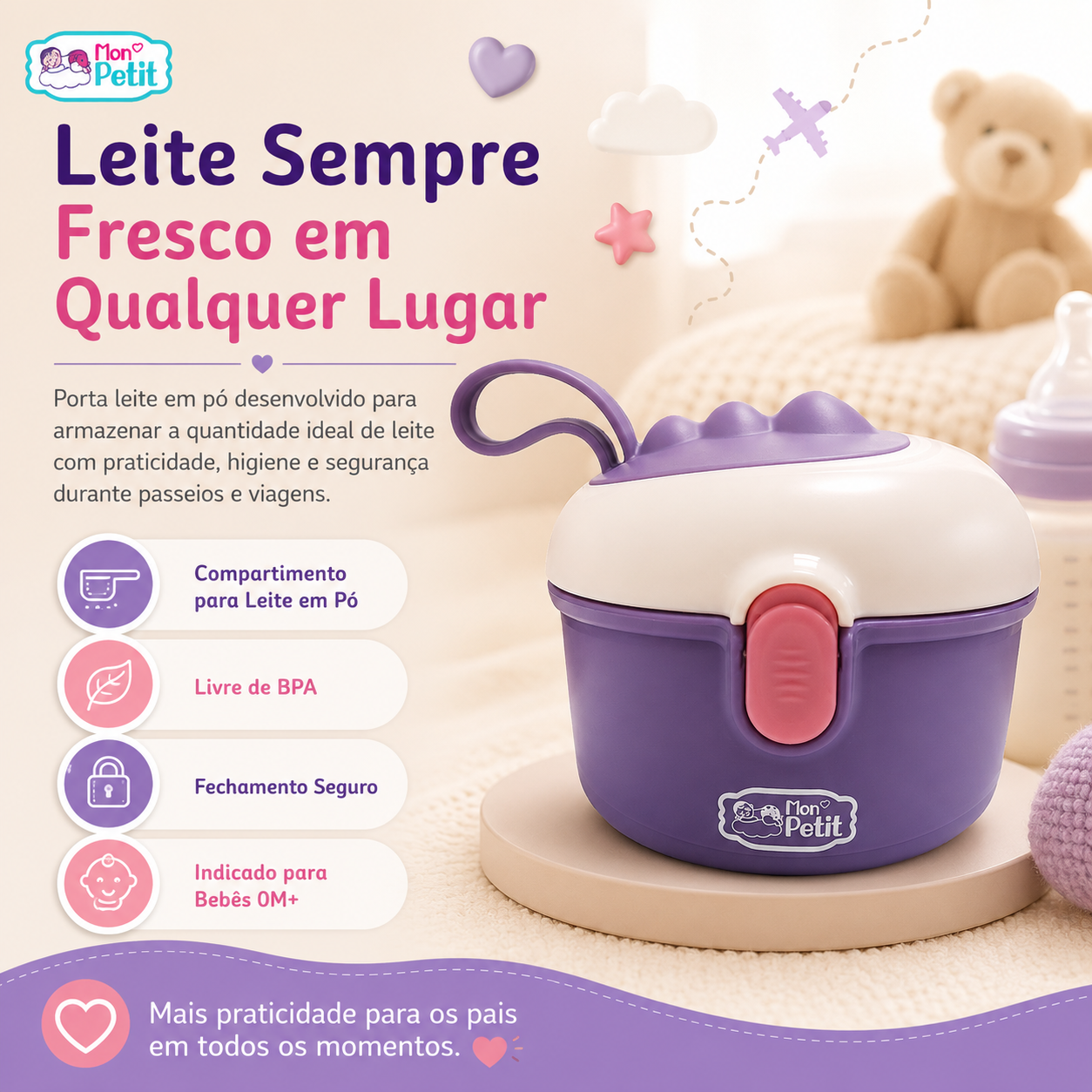 Porta-leite em pó para bebé da marca Mon Petit em roxo e branco, ideal para armazenar leite com segurança em passeios.