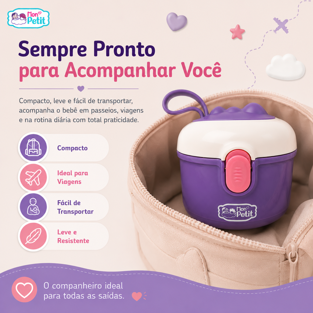 Porta-leite em pó compacto guardado dentro de uma mala de maternidade rosa, pronto para acompanhar a rotina diária.