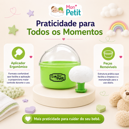 Apresentação do porta-talco Mon Petit realçando a praticidade do aplicador ergonómico e a facilidade de limpeza através das suas peças totalmente desmontáveis.