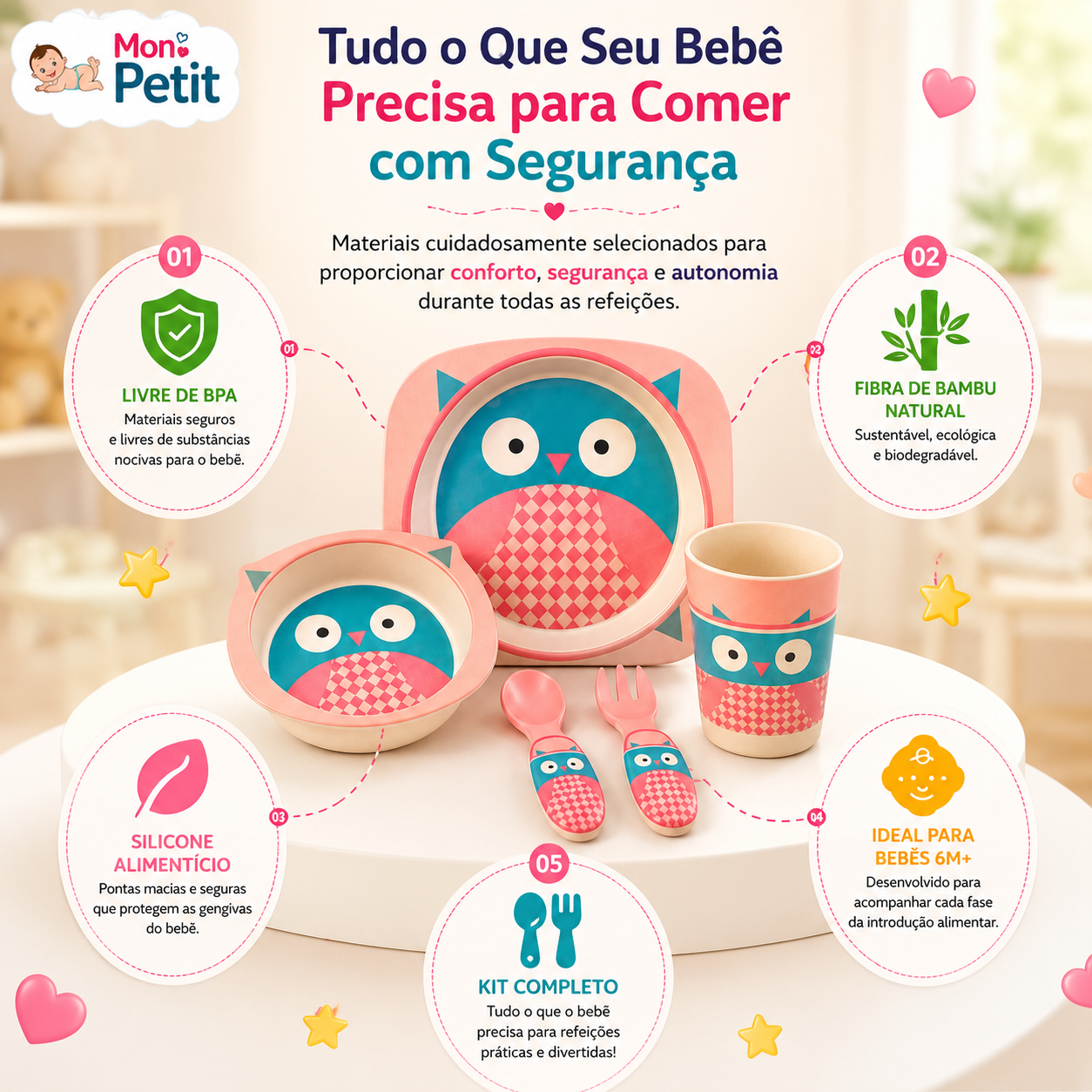 Diagrama explicativo do kit de refeição sustentável com detalhes sobre os benefícios do bambu ecológico e das pontas macias de silicone que protegem as gengivas do bebé.