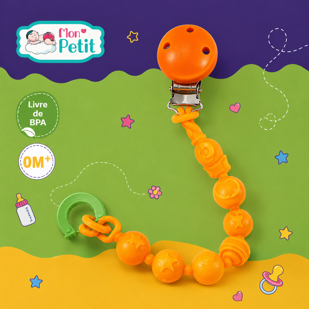Prendedor de chupeta articulado cor de laranja Mon Petit disposto sobre um fundo decorativo ondulado em tons de roxo, verde e amarelo com selos de indicação 0M+ e livre de BPA.