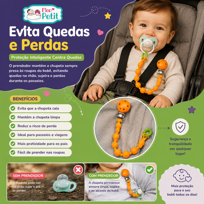 Infográfico promocional mostrando um bebé sorridente num carrinho de passeio a utilizar o prendedor Mon Petit preso à roupa, com lista de benefícios e imagens comparativas de uso.