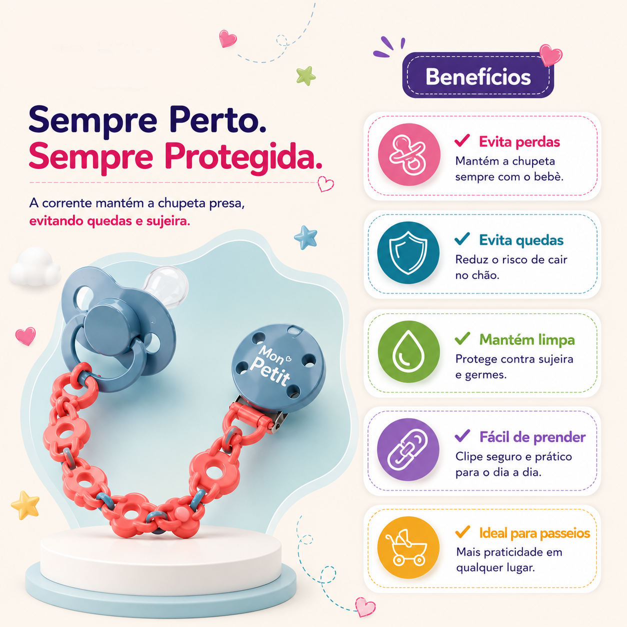 Cartaz informativo com a corrente de chupeta Mon Petit realçando vantagens como evitar perdas, evitar quedas, manter a higiene e ser ideal para passeios diários.