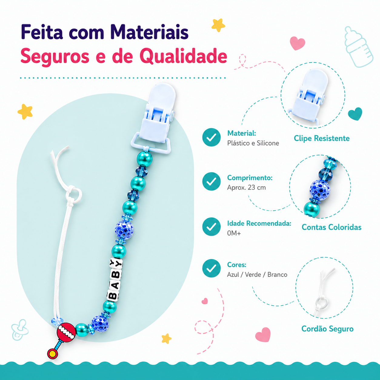 Diagrama técnico do prendedor de chupeta detalhando os materiais em plástico e silicone, comprimento aproximado de vinte e três centímetros e cordão de segurança texturado.
