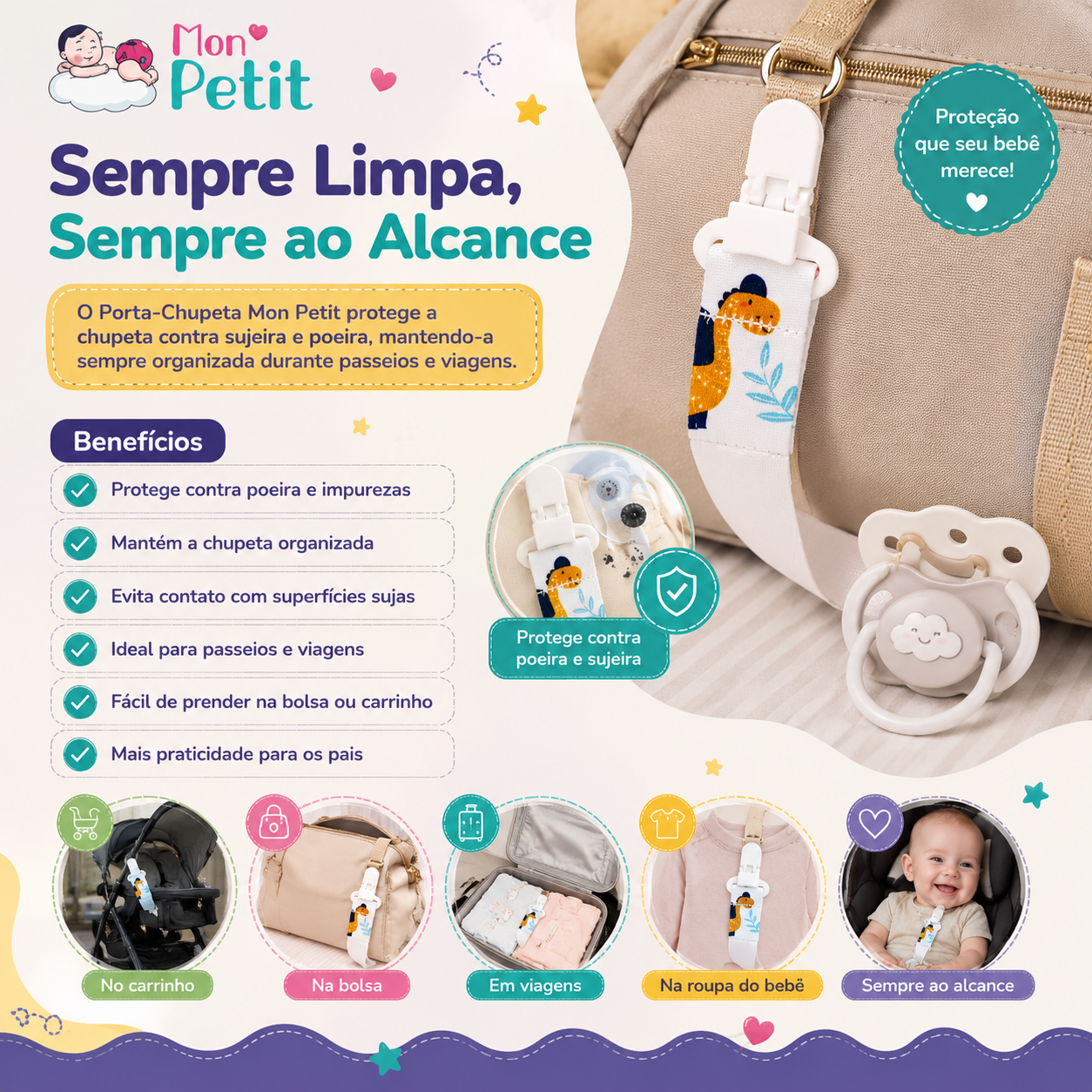 Painel promocional da fita prendedora de chupeta Mon Petit presa a uma mala de passeio ao lado de uma chupeta, exibindo os ícones de uso no carrinho, na mala e em viagens.