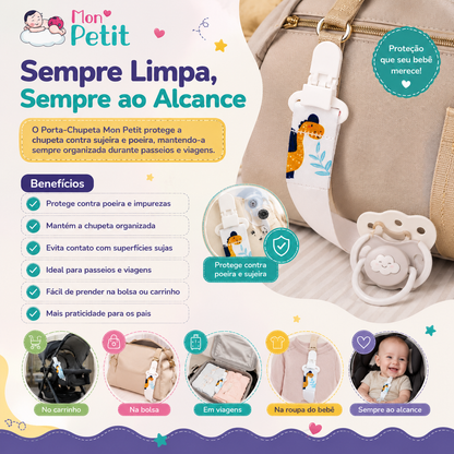 Painel promocional da fita prendedora de chupeta Mon Petit presa a uma mala de passeio ao lado de uma chupeta, exibindo os ícones de uso no carrinho, na mala e em viagens.