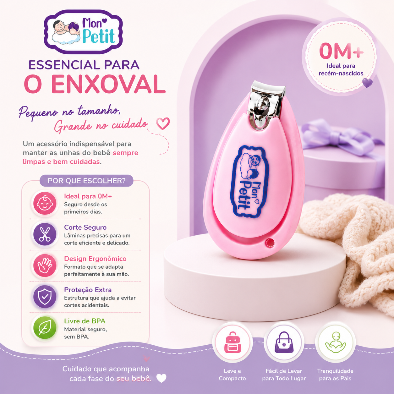 Cartaz informativo demonstrando por que o cortador de unhas ergonómico é um item essencial para o enxoval do bebé.