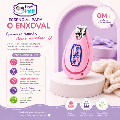 Cartaz informativo demonstrando por que o cortador de unhas ergonómico é um item essencial para o enxoval do bebé.