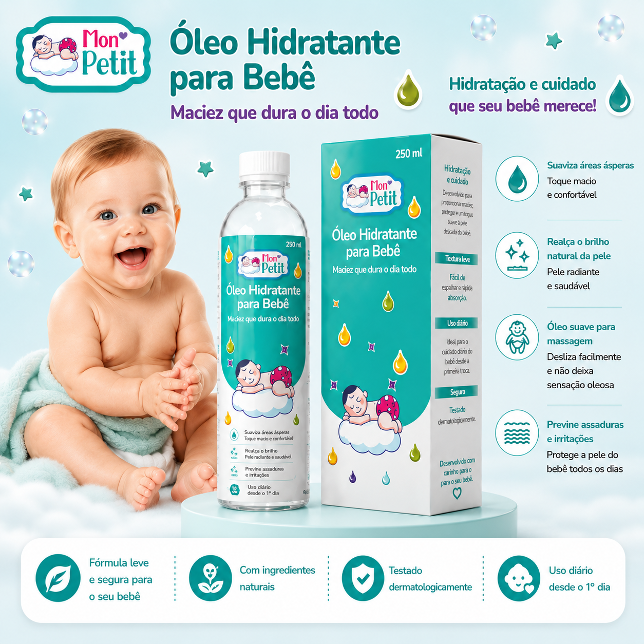 Bebé sorridente sentado ao lado da embalagem e do frasco do óleo hidratante Mon Petit, reforçando o uso diário desde o primeiro dia.