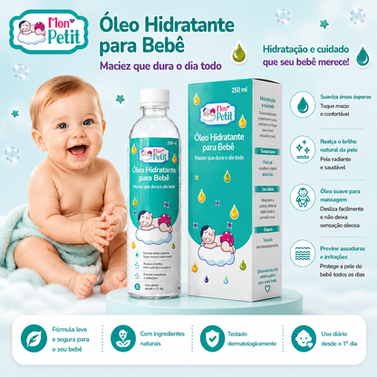Bebé sorridente sentado ao lado da embalagem e do frasco do óleo hidratante Mon Petit, reforçando o uso diário desde o primeiro dia.