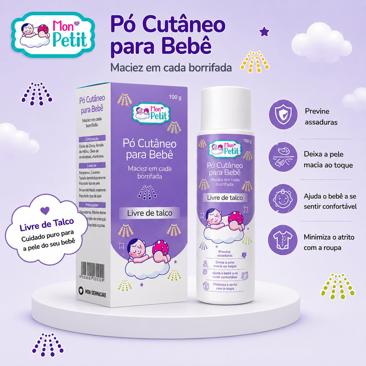 Vista frontal da caixa e do frasco do Pó Cutâneo para Bebé Mon Petit sobre um pódio branco, realçando os quatro ícones de proteção diária.