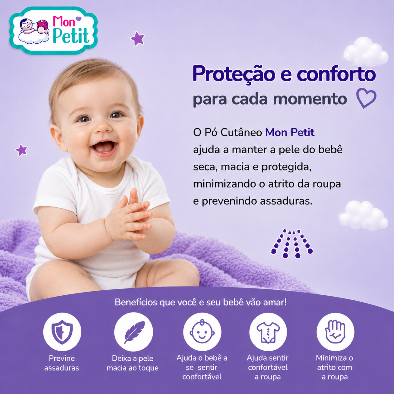Infográfico do pó cutâneo Mon Petit com um bebé a aplaudir, listando os benefícios de manter a pele seca, macia e livre do atrito da roupa.