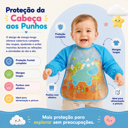 Infografia que detalha a proteção completa da cabeça aos punhos proporcionada pelo babador de manga longa.