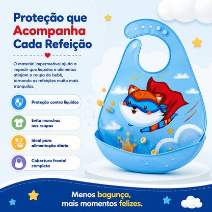 Infografia demonstrando a eficácia do bolso coletor do babador na proteção contra líquidos e sujidade.