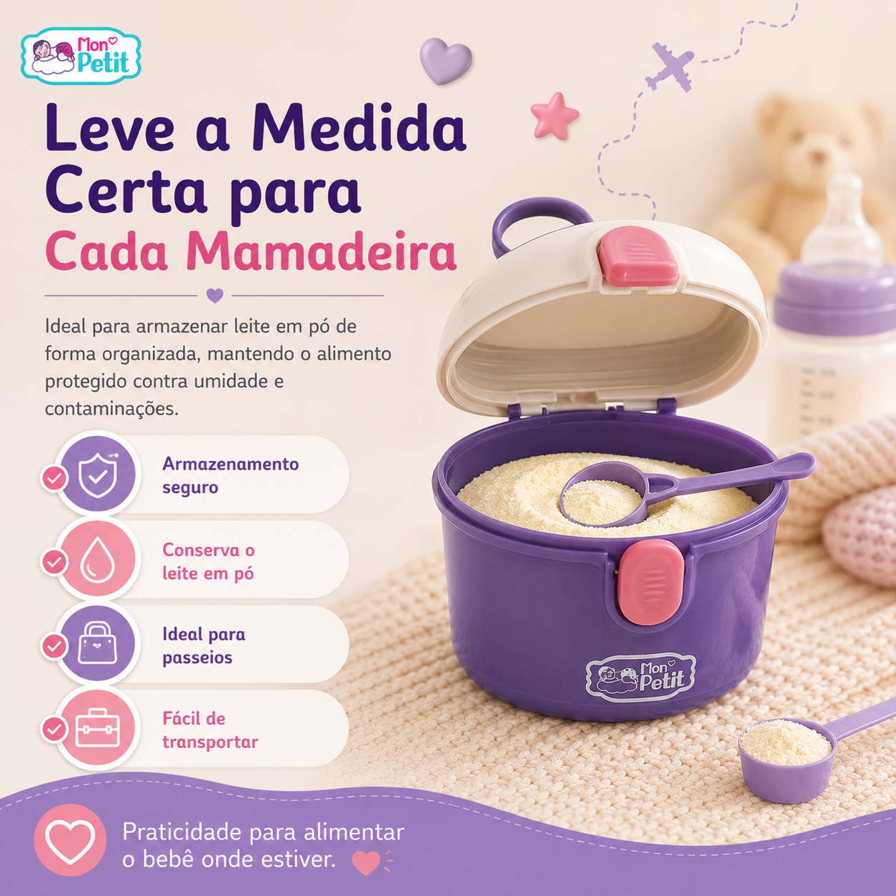 Recipiente de leite em pó aberto mostrando o conteúdo e a colher doseadora, garantindo a medida certa para a mamadeira.