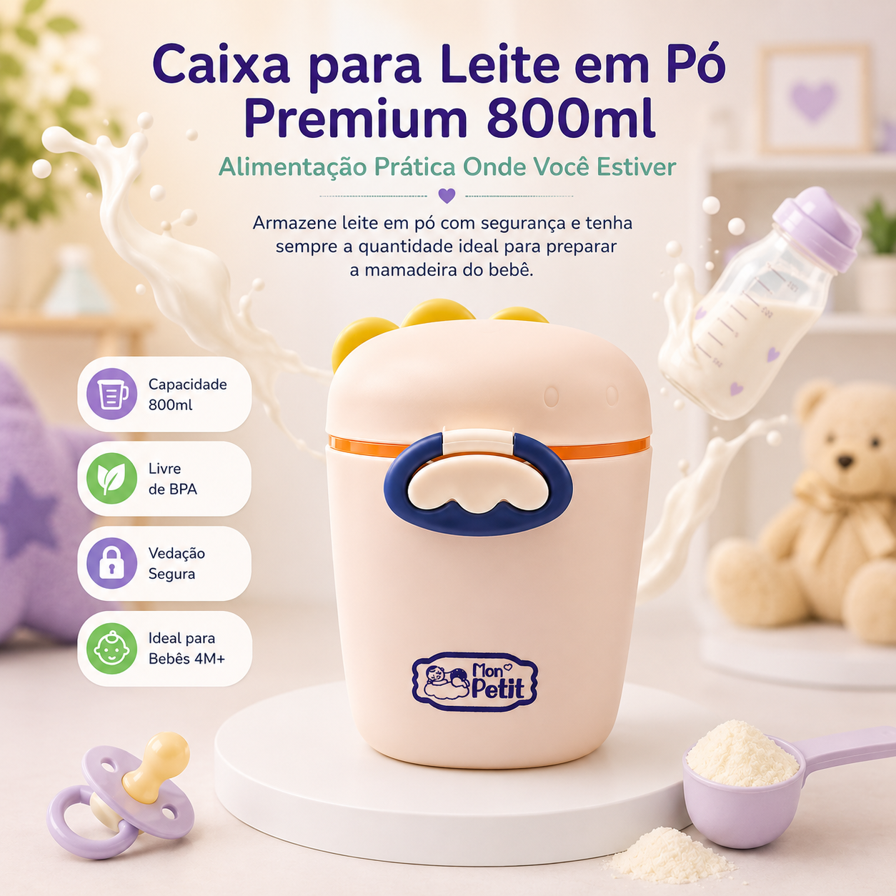 Recipiente para leite em pó com tampa de fecho seguro ao lado de um biberão e uma chucha decorativa.