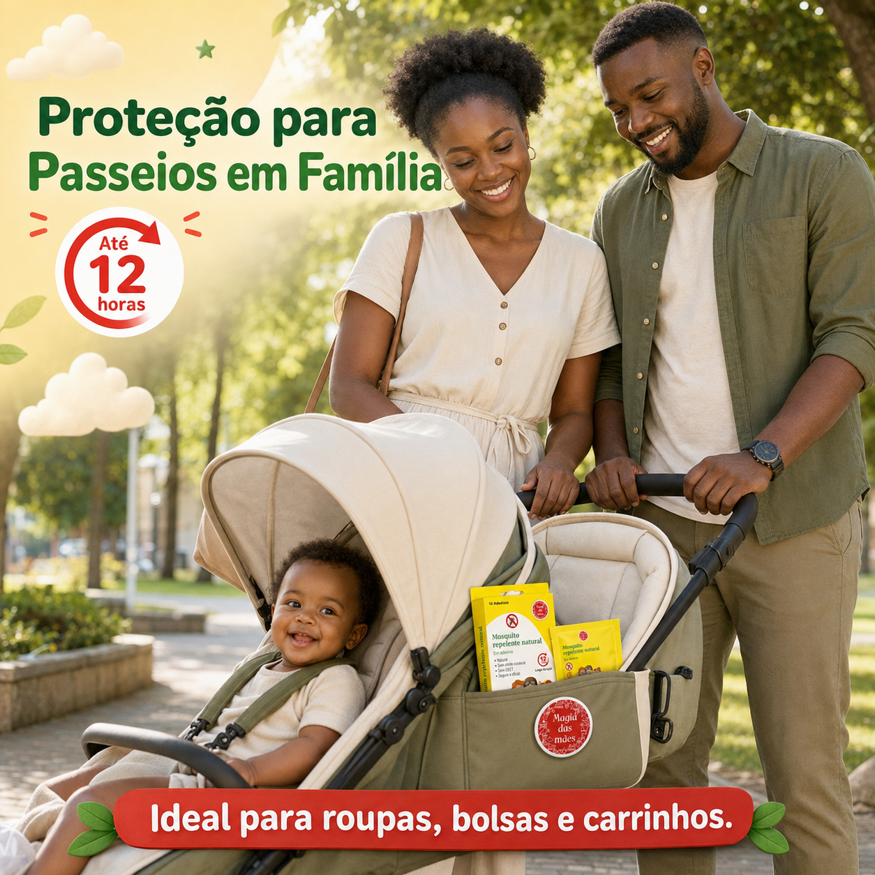 Família angolana durante um passeio com adesivo repelente de mosquitos aplicado na bolsa do carrinho.