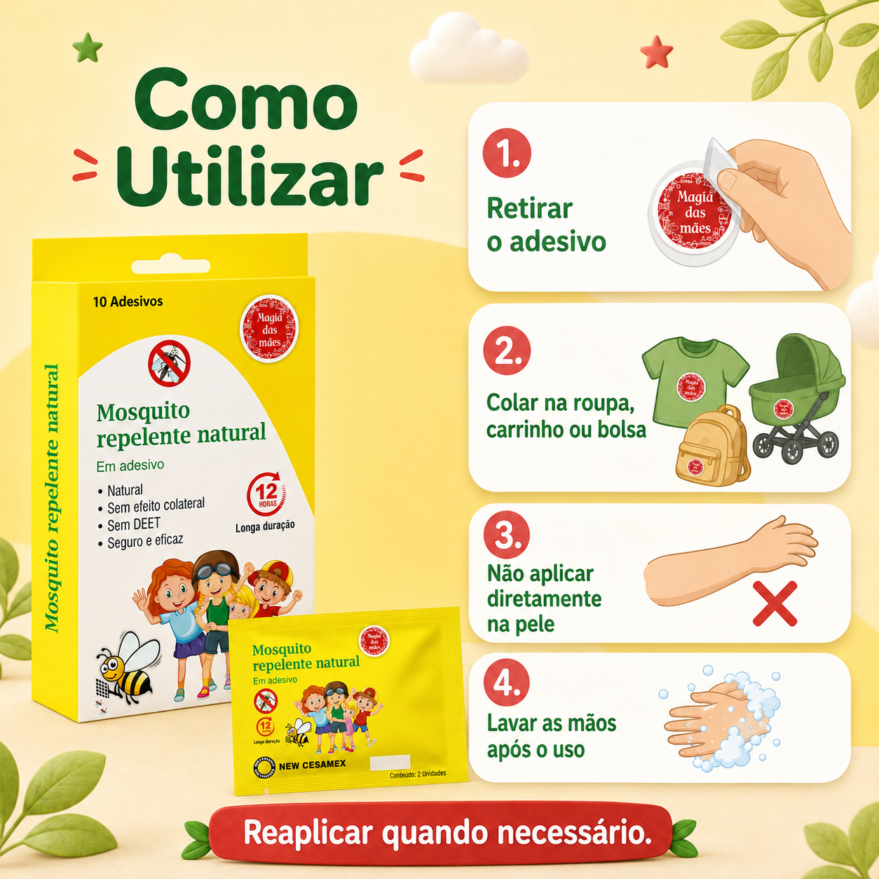 Instruções para aplicar o adesivo repelente em roupa, bolsas ou carrinhos sem contacto direto com a pele.