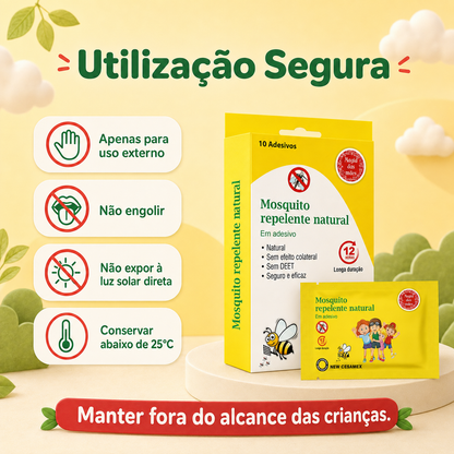 Informações de segurança e conservação dos adesivos repelentes naturais de mosquitos.