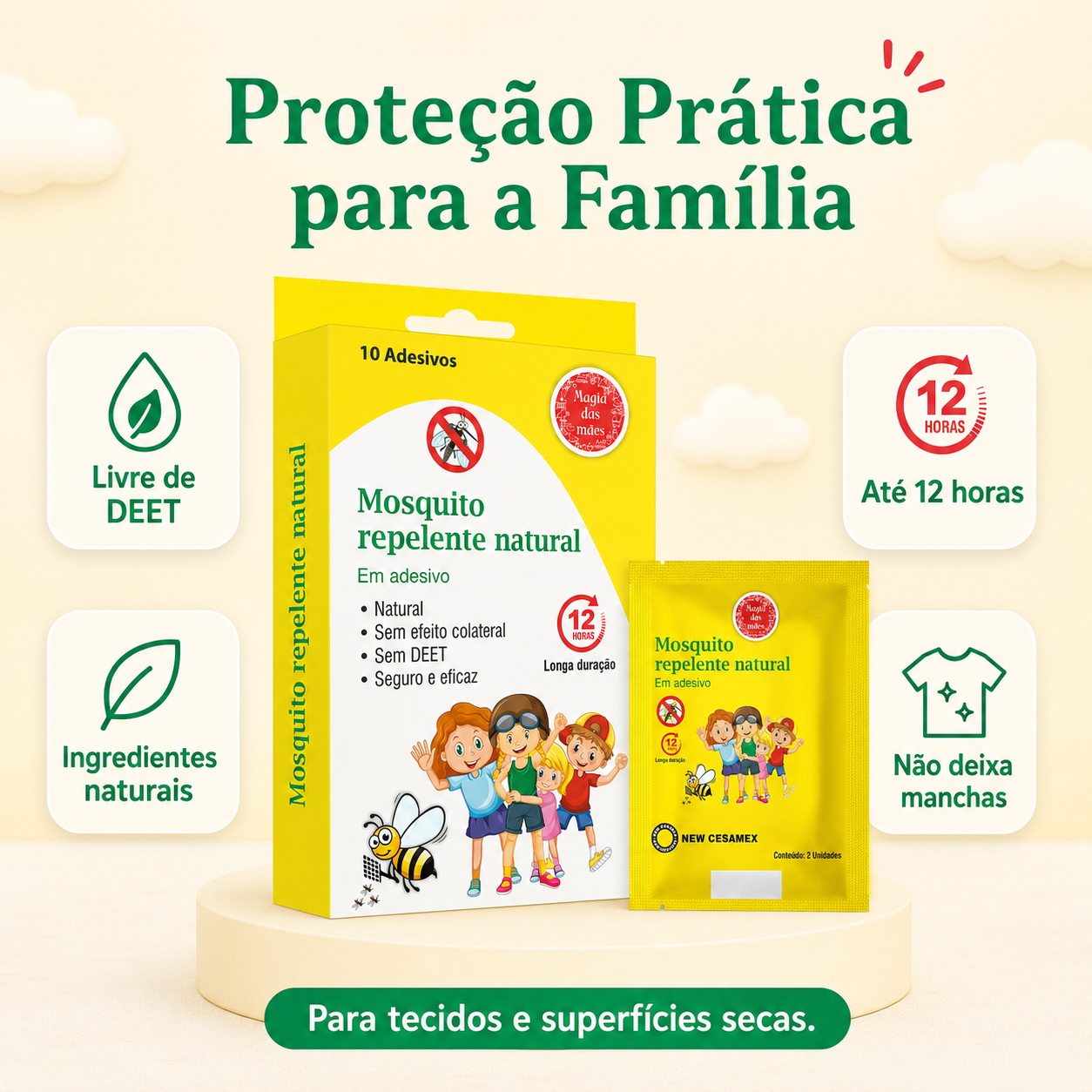 Adesivos repelentes de mosquitos sem DEET, com ingredientes naturais e proteção até 12 horas.