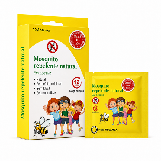 Repelente natural de mosquitos Magia das Mães com caixa e saqueta em fundo branco.