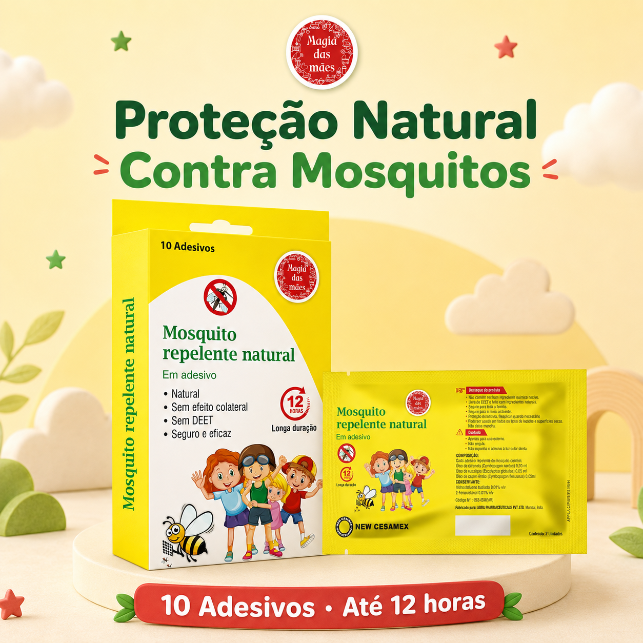 Repelente natural de mosquitos Magia das Mães com caixa de 10 adesivos e saqueta individual.